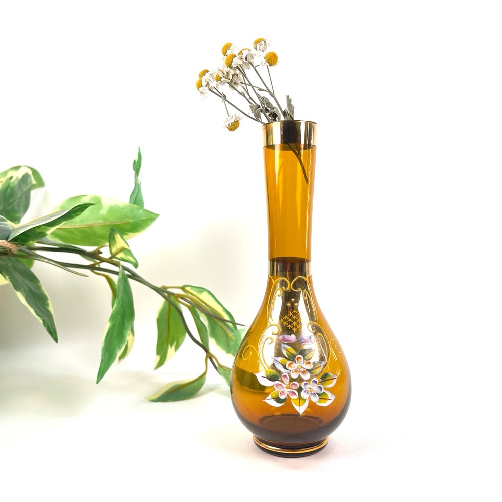 Amber Glass Vase with gilded hand-painted Floral Design